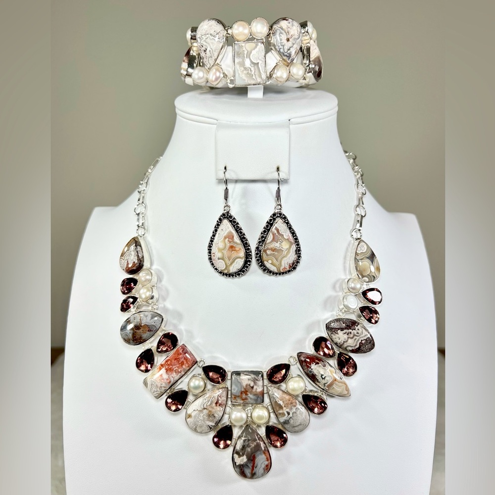 #Luxury Crazy Lace 925 Large Gemstone Necklace Bracelet & Earrings